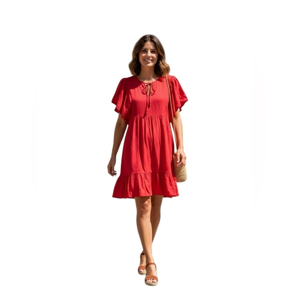 Knox Rose Red Textured Tiered Midi Dress Flutter Sleeves Size S
